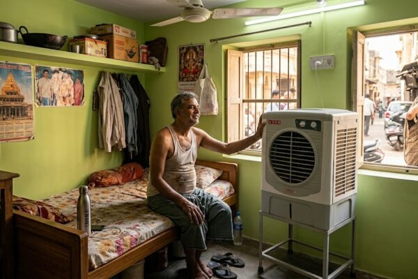 भीषण गर्मी में कमरे में चलता कूलर और राहत महसूस करता व्यक्ति, मानवीय संवेदना और पड़ोसी सहयोग का दृश्य।