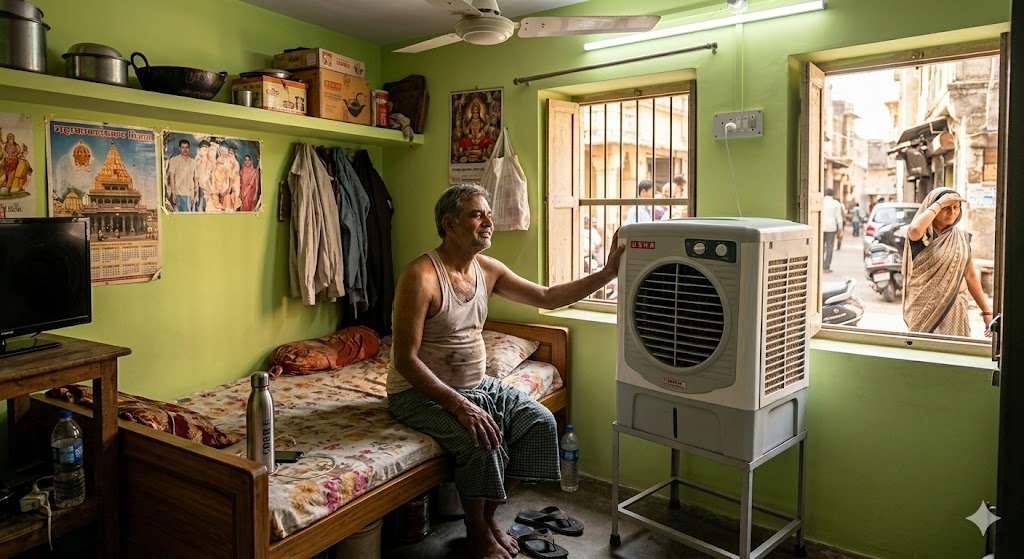 भीषण गर्मी में कमरे में चलता कूलर और राहत महसूस करता व्यक्ति, मानवीय संवेदना और पड़ोसी सहयोग का दृश्य।