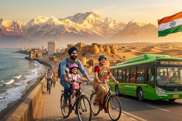 भारतीय तिरंगे के साथ खड़ा एक जागरूक युवा, पीछे सोलर ऊर्जा, भारतीय पहाड़, रेगिस्तान और शहर का दृश्य।
