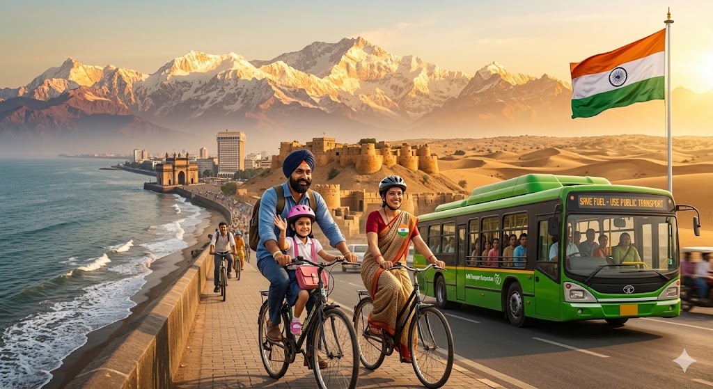 भारतीय तिरंगे के साथ खड़ा एक जागरूक युवा, पीछे सोलर ऊर्जा, भारतीय पहाड़, रेगिस्तान और शहर का दृश्य।
