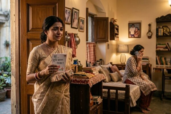 फोन हाथ में लिए खिड़की या दरवाज़े के पास खड़ी एक उदास महिला, रिश्तों में बढ़ती भावनात्मक दूरी को दर्शाता दृश्य।