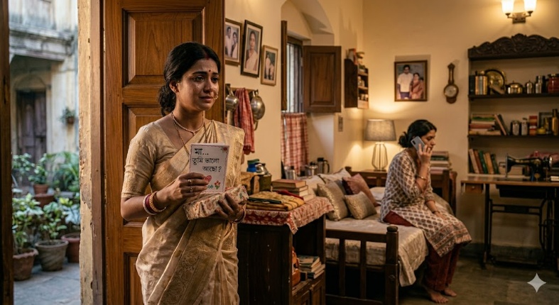फोन हाथ में लिए खिड़की या दरवाज़े के पास खड़ी एक उदास महिला, रिश्तों में बढ़ती भावनात्मक दूरी को दर्शाता दृश्य।