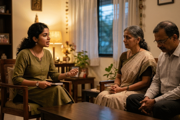 शादी न करने का फैसला सुनाती आत्मनिर्भर बेटी और उसे सुनते माता-पिता का भावनात्मक दृश्य।