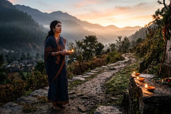 अंधकार से उजाले की ओर बढ़ती चिंतनशील महिला का प्रतीकात्मक भावनात्मक दृश्य।