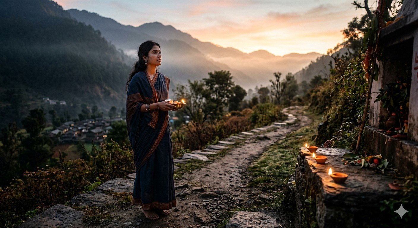 अंधकार से उजाले की ओर बढ़ती चिंतनशील महिला का प्रतीकात्मक भावनात्मक दृश्य।