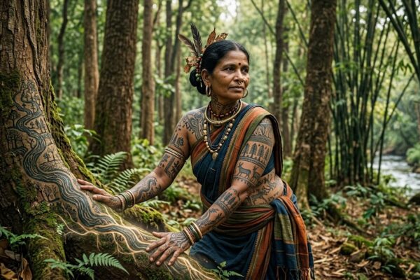 आदिवासी गोदना से प्रेरित धरती पर उकेरी हरियाली, जंगल, नदियाँ और वृक्षों का प्रतीकात्मक कलात्मक दृश्य।