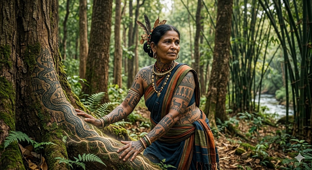 आदिवासी गोदना से प्रेरित धरती पर उकेरी हरियाली, जंगल, नदियाँ और वृक्षों का प्रतीकात्मक कलात्मक दृश्य।