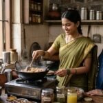 रसोई में नई बहू कढ़ाही में हलवा बनाते हुए, पास खड़ी सास गर्व और स्नेह से मुस्कुराते हुए देख रही हैं, चारों ओर पारंपरिक घरेलू वातावरण
