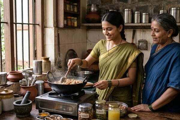 रसोई में नई बहू कढ़ाही में हलवा बनाते हुए, पास खड़ी सास गर्व और स्नेह से मुस्कुराते हुए देख रही हैं, चारों ओर पारंपरिक घरेलू वातावरण
