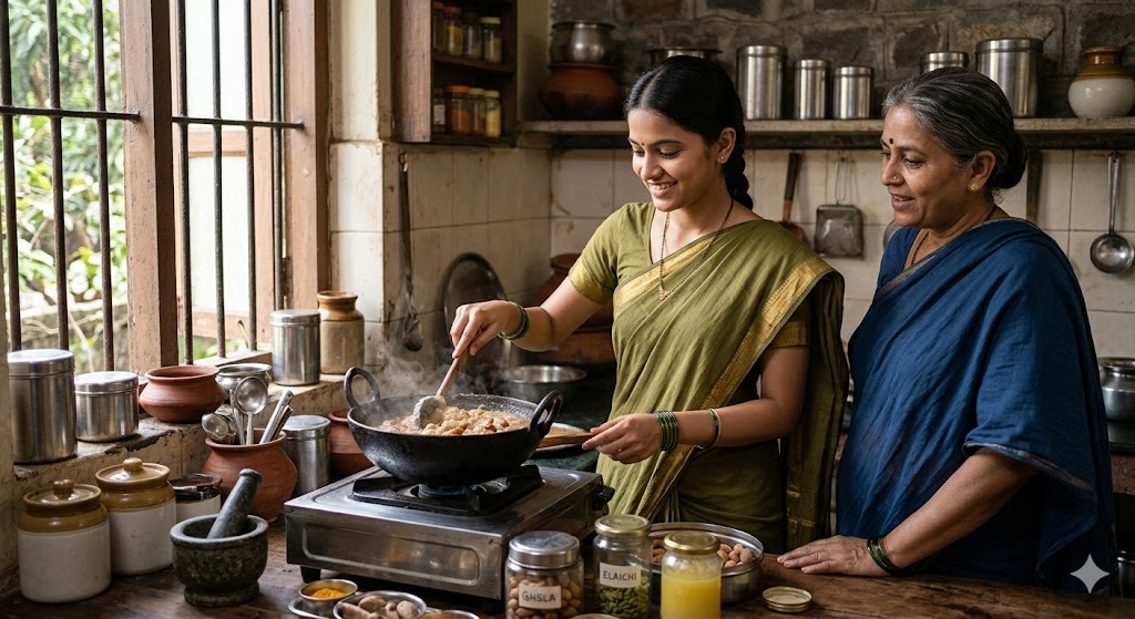 रसोई में नई बहू कढ़ाही में हलवा बनाते हुए, पास खड़ी सास गर्व और स्नेह से मुस्कुराते हुए देख रही हैं, चारों ओर पारंपरिक घरेलू वातावरण