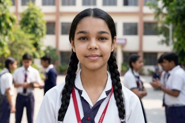 CBSE बोर्ड परीक्षा में उत्कृष्ट अंक प्राप्त करने पर मुस्कुराती हुई छात्रा स्तुति जैन।