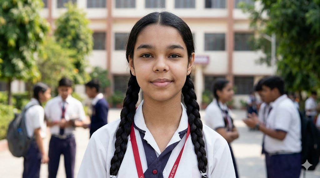 CBSE बोर्ड परीक्षा में उत्कृष्ट अंक प्राप्त करने पर मुस्कुराती हुई छात्रा स्तुति जैन।