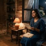 “खिड़की के पास बैठी एक युवती, हाथ में खत लिए किसी का इंतजार करती हुई”