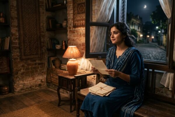 “खिड़की के पास बैठी एक युवती, हाथ में खत लिए किसी का इंतजार करती हुई”