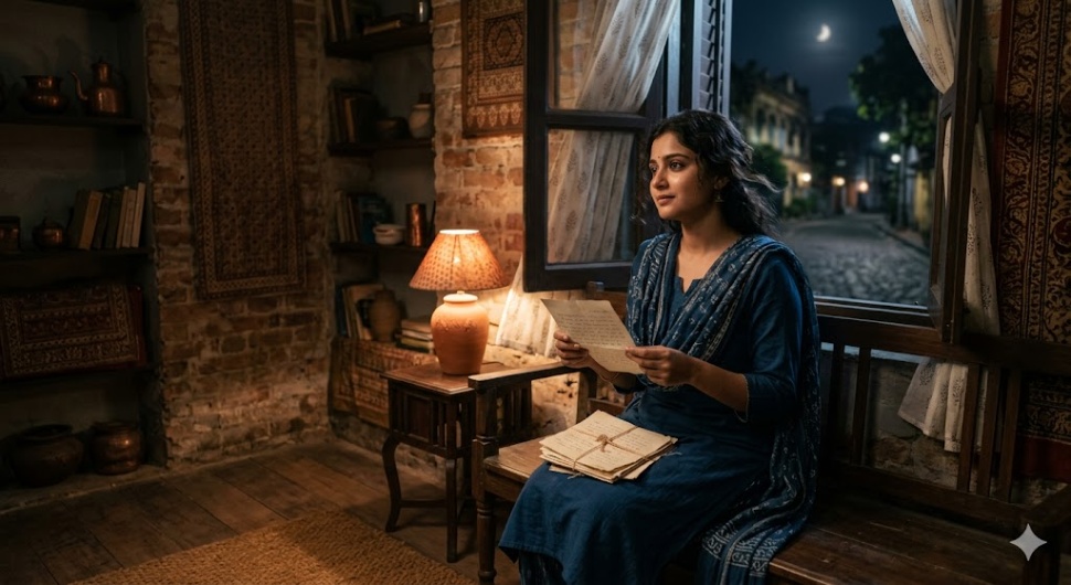 “खिड़की के पास बैठी एक युवती, हाथ में खत लिए किसी का इंतजार करती हुई”