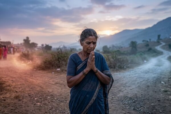 दो रास्तों के बीच खड़ा एक चिंतनशील व्यक्ति, इच्छा और ईश्वर की इच्छा के बीच आंतरिक संघर्ष को दर्शाता आध्यात्मिक दृश्य।