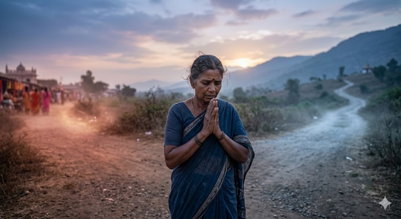 दो रास्तों के बीच खड़ा एक चिंतनशील व्यक्ति, इच्छा और ईश्वर की इच्छा के बीच आंतरिक संघर्ष को दर्शाता आध्यात्मिक दृश्य।
