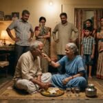 An elderly Indian couple lovingly sharing food from the same plate while their family watches emotionally inside a middle-class home.