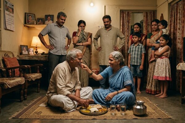 An elderly Indian couple lovingly sharing food from the same plate while their family watches emotionally inside a middle-class home.