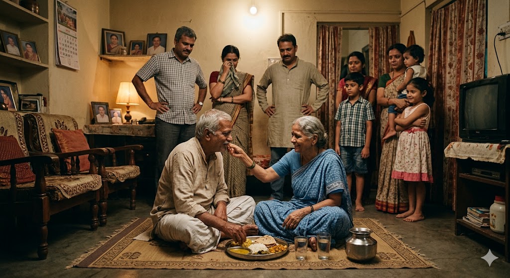 An elderly Indian couple lovingly sharing food from the same plate while their family watches emotionally inside a middle-class home.