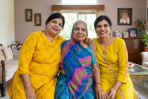 बालकनी में बैठी एक महिला अपनी दिवंगत माँ को याद करते हुए भावुक संस्मरण लिख रही है, पीछे रात का शांत वातावरण दिखाई दे रहा है।
