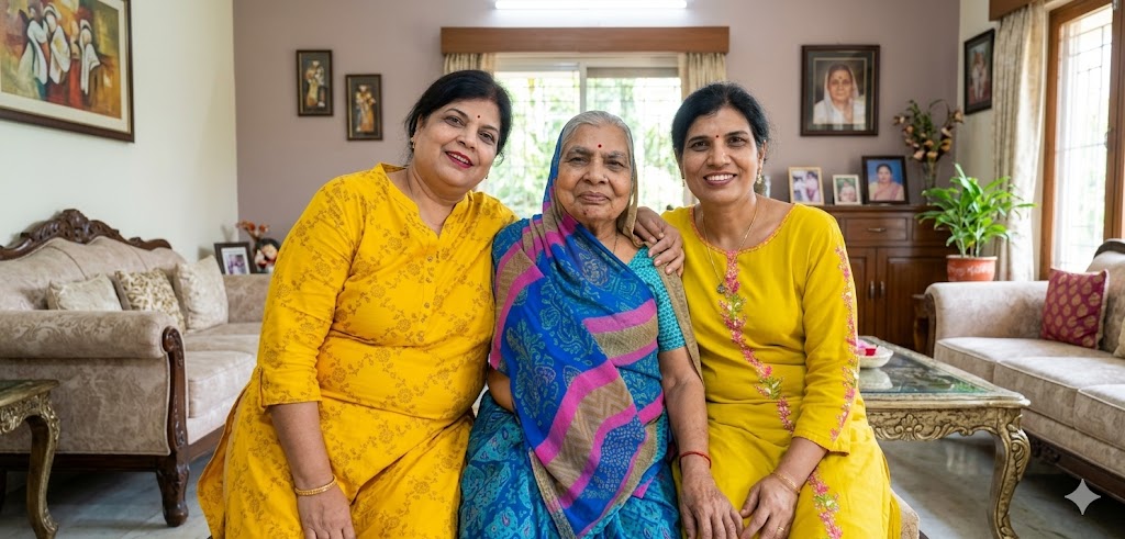 बालकनी में बैठी एक महिला अपनी दिवंगत माँ को याद करते हुए भावुक संस्मरण लिख रही है, पीछे रात का शांत वातावरण दिखाई दे रहा है।