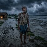 भारी बारिश और बाढ़ के बीच नदी किनारे खड़ा एक गरीब ग्रामीण व्यक्ति, दूर झोपड़ी की ओर देखते हुए भावुक और चिंतित मुद्रा में।