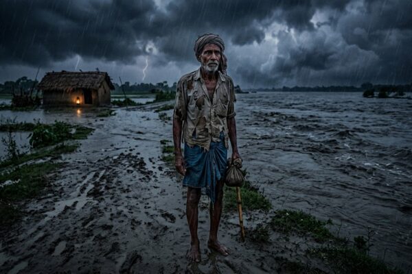 भारी बारिश और बाढ़ के बीच नदी किनारे खड़ा एक गरीब ग्रामीण व्यक्ति, दूर झोपड़ी की ओर देखते हुए भावुक और चिंतित मुद्रा में।