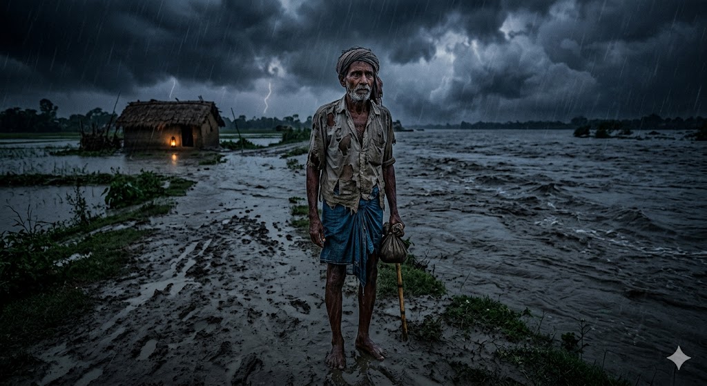 भारी बारिश और बाढ़ के बीच नदी किनारे खड़ा एक गरीब ग्रामीण व्यक्ति, दूर झोपड़ी की ओर देखते हुए भावुक और चिंतित मुद्रा में।