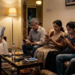 डाइनिंग टेबल पर साथ बैठे परिवार के सदस्य, लेकिन सभी मोबाइल में व्यस्त, पीछे अकेले बैठे बुजुर्ग।