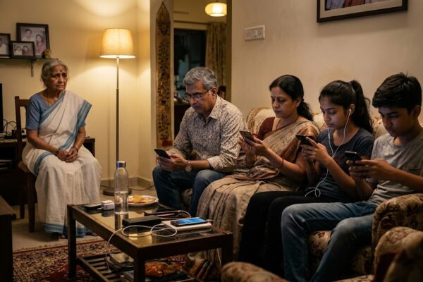 डाइनिंग टेबल पर साथ बैठे परिवार के सदस्य, लेकिन सभी मोबाइल में व्यस्त, पीछे अकेले बैठे बुजुर्ग।