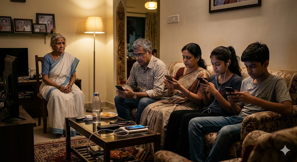 डाइनिंग टेबल पर साथ बैठे परिवार के सदस्य, लेकिन सभी मोबाइल में व्यस्त, पीछे अकेले बैठे बुजुर्ग।