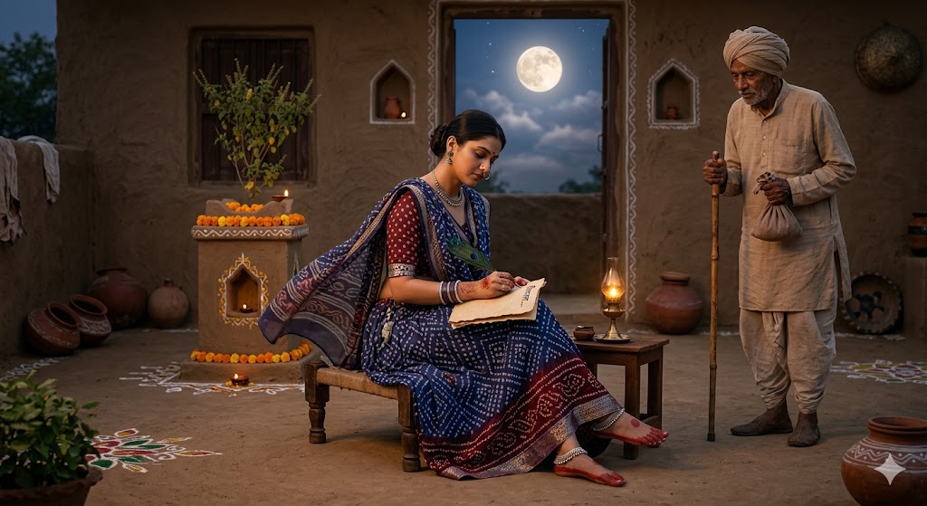 ग्रामीण आंगन में एक विरहिणी स्त्री दीपक के पास बैठी प्रेम पत्र लिखवा रही है, पास में संदेशवाहक खड़ा है और आसमान में चाँद चमक रहा है।