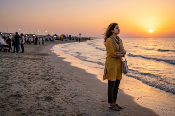 क़तर के समुद्र किनारे सूर्यास्त के बीच खड़ी एक भारतीय महिला, जो तन्हाई, यादों और प्रेम की नई उम्मीदों में खोई हुई है।