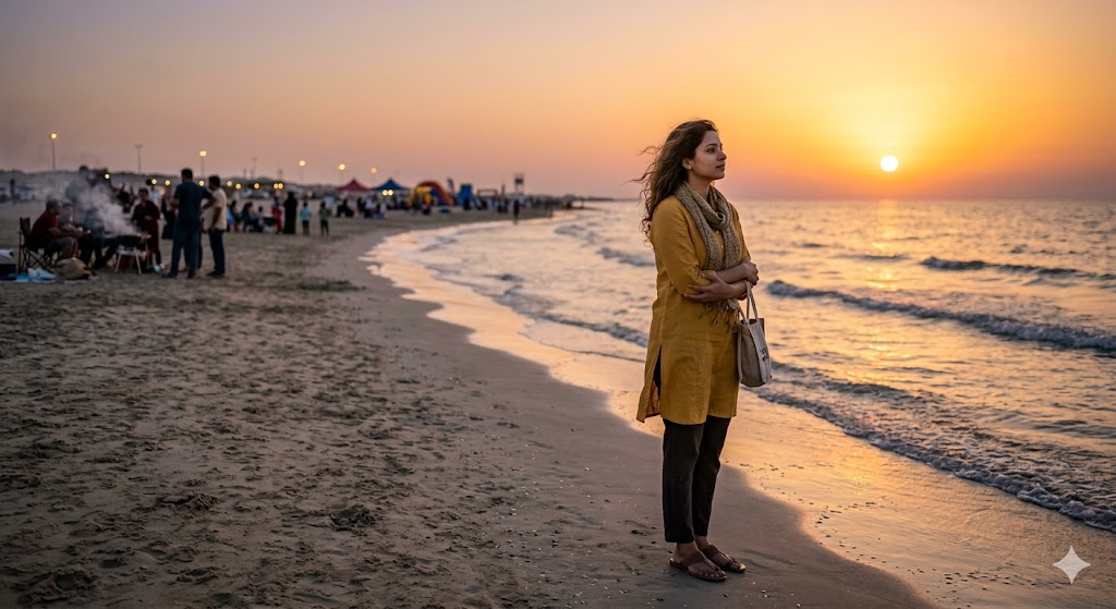 क़तर के समुद्र किनारे सूर्यास्त के बीच खड़ी एक भारतीय महिला, जो तन्हाई, यादों और प्रेम की नई उम्मीदों में खोई हुई है।