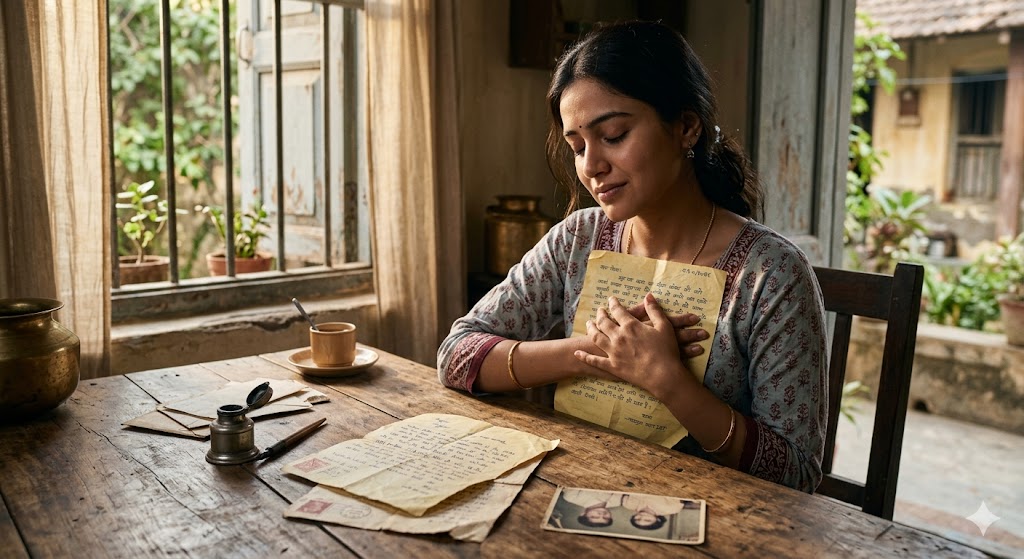 पुराने प्रेम पत्र और भावनात्मक यादों को दर्शाती ‘तेरे खत’ हिंदी कविता की यथार्थवादी छवि।