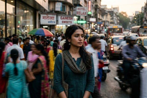 भीड़भाड़ से दूर शांत वातावरण में स्वयं के भीतर झांकती एक चिंतनशील महिला का भावुक दृश्य।
