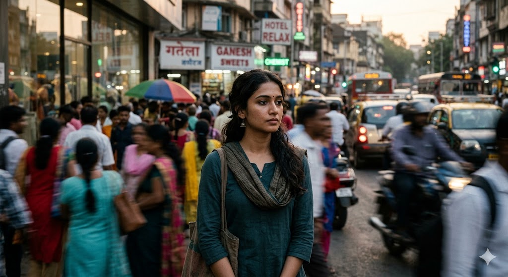 भीड़भाड़ से दूर शांत वातावरण में स्वयं के भीतर झांकती एक चिंतनशील महिला का भावुक दृश्य।