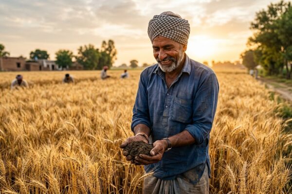 खेत में खड़ा एक भारतीय किसान, पीछे सुनहरी फसल और उगता सूरज, हाथ में मिट्टी लिए भावुक मुद्रा में।