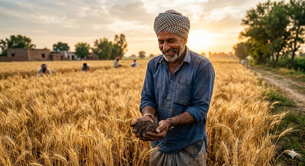 खेत में खड़ा एक भारतीय किसान, पीछे सुनहरी फसल और उगता सूरज, हाथ में मिट्टी लिए भावुक मुद्रा में।