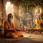 कवि मंदिर के शांत वातावरण में भगवान कृष्ण की भक्ति में लीन, पृष्ठभूमि में बांसुरी बजाते श्रीकृष्ण का दिव्य दृश्य