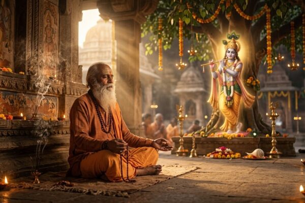कवि मंदिर के शांत वातावरण में भगवान कृष्ण की भक्ति में लीन, पृष्ठभूमि में बांसुरी बजाते श्रीकृष्ण का दिव्य दृश्य