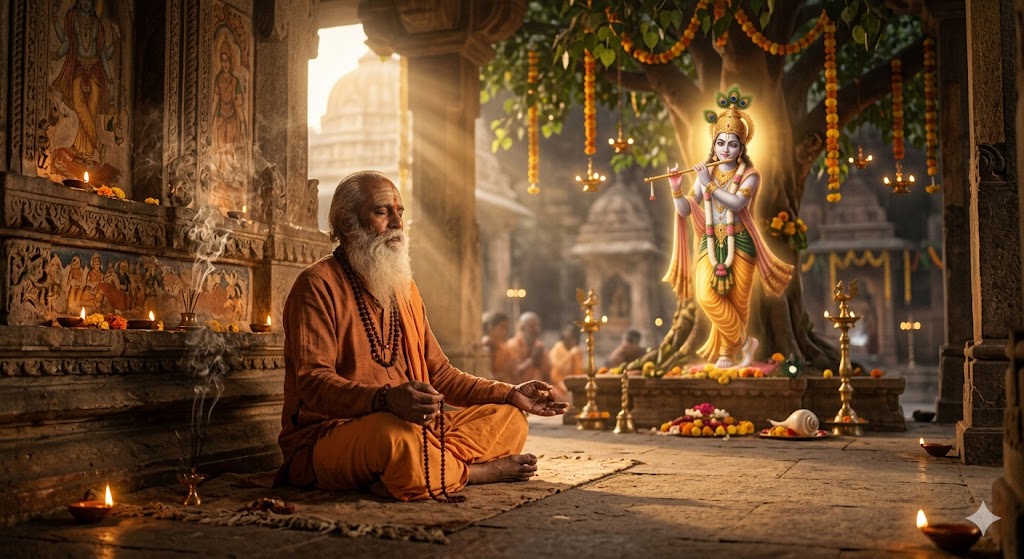कवि मंदिर के शांत वातावरण में भगवान कृष्ण की भक्ति में लीन, पृष्ठभूमि में बांसुरी बजाते श्रीकृष्ण का दिव्य दृश्य