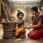 यशोदा मैया द्वारा ओखल से बंधे बाल कृष्ण का भावपूर्ण और दिव्य दृश्य।