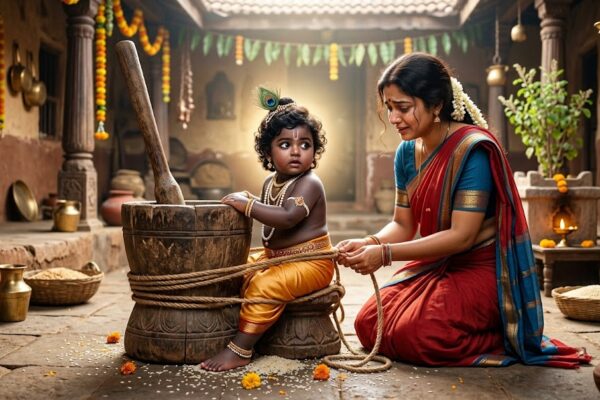यशोदा मैया द्वारा ओखल से बंधे बाल कृष्ण का भावपूर्ण और दिव्य दृश्य।