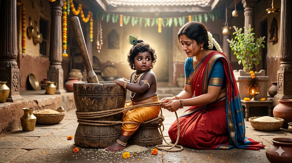 यशोदा मैया द्वारा ओखल से बंधे बाल कृष्ण का भावपूर्ण और दिव्य दृश्य।