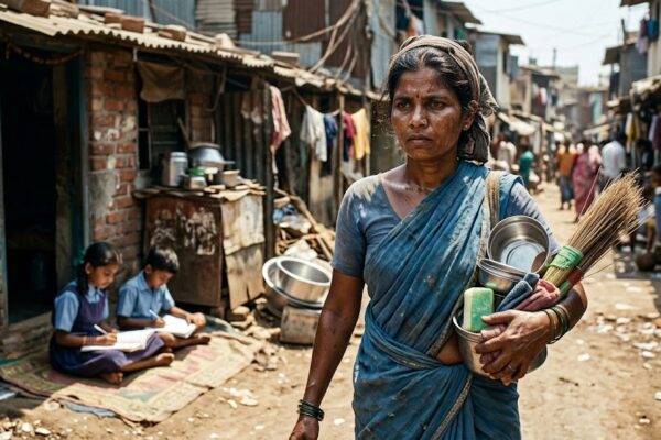 कड़ी धूप में काम करती एक भारतीय मजदूर महिला, चेहरे पर थकान और उम्मीद, पीछे पढ़ते बच्चे, दो वक्त की रोटी के संघर्ष का भावुक दृश्य।