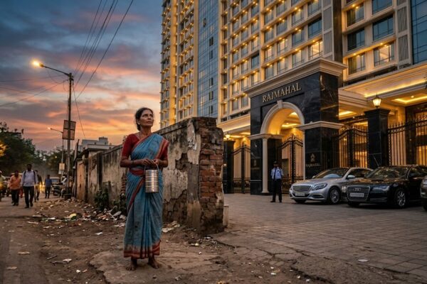 A poor woman in a faded saree stands near a luxurious modern apartment building