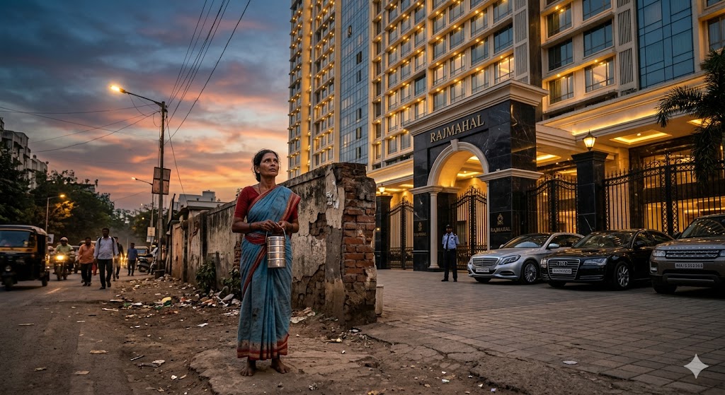 A poor woman in a faded saree stands near a luxurious modern apartment building