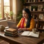 लकड़ी की मेज पर खुली किताब और लैपटॉप के साथ किताबों और डिजिटल युग के भावनात्मक संबंध को दर्शाता दृश्य।